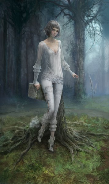 Anime picture 951x1600 with original tennaomi single tall image fringe short hair cleavage grey hair grey eyes bare tree fog girl bow plant (plants) tree (trees) forest lace roots stump