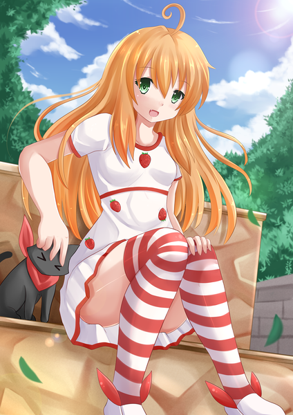 Anime picture 1200x1697 with original kazenokaze single long hair tall image blush open mouth blonde hair sitting green eyes sky cloud (clouds) ahoge girl thighhighs dress animal leaf (leaves) cat striped thighhighs