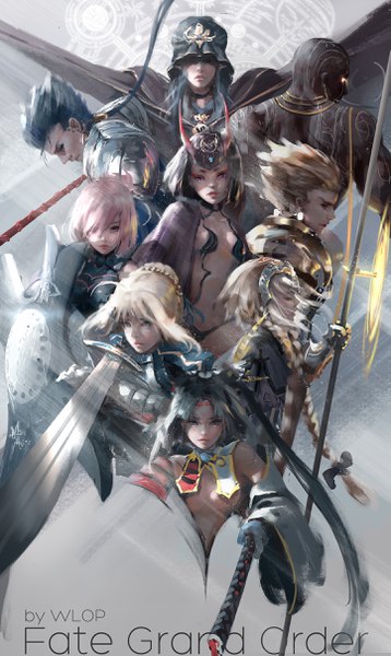 Anime picture 1442x2411 with fate (series) fate/grand order fate/stay night artoria pendragon (all) saber jeanne d'arc (fate) (all) mash kyrielight jeanne d'arc (fate) gilgamesh (fate) shuten douji (fate) cu chulainn (fate) caster ushiwakamaru (fate) wlop long hair tall image looking at viewer fringe short hair breasts