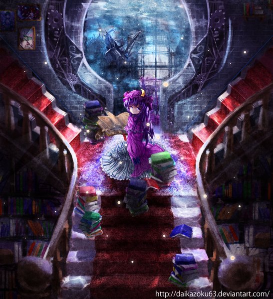 Anime picture 2987x3271 with touhou patchouli knowledge daikazoku63 single long hair tall image looking at viewer highres purple eyes purple hair looking back girl dress frills book (books) bonnet stairs