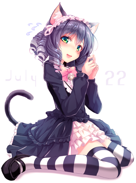 Anime picture 599x804 with show by rock!! studio bones cyan (show by rock!!) haruka natsuki single tall image looking at viewer blush fringe short hair black hair simple background hair between eyes white background sitting green eyes animal ears tail long sleeves parted lips