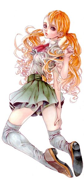 Anime picture 480x1056 with original meru (artist) single long hair tall image looking at viewer white background twintails brown eyes orange hair jumping curly hair girl thighhighs skirt ascot