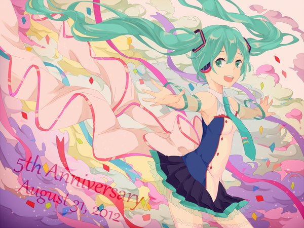 Anime picture 1200x900 with vocaloid hatsune miku kise (swimmt) single long hair looking at viewer open mouth twintails aqua eyes wind aqua hair inscription spread arms anniversary girl ribbon (ribbons) detached sleeves necktie