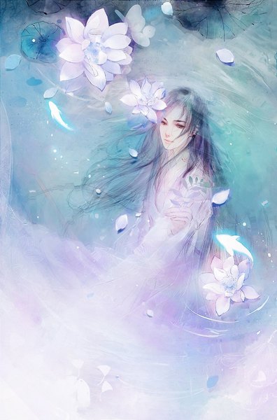 Anime picture 750x1135 with original na yan single long hair tall image looking at viewer black hair holding traditional clothes boy flower (flowers) animal water fish (fishes) lotus