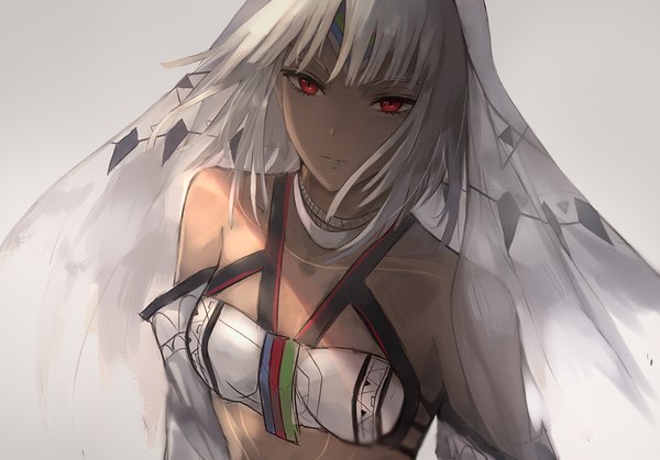 Anime picture 1068x746 with fate (series) fate/grand order fate/extra altera (fate) kachi single looking at viewer fringe short hair simple background red eyes bare shoulders upper body white hair grey background dark skin serious girl detached sleeves choker