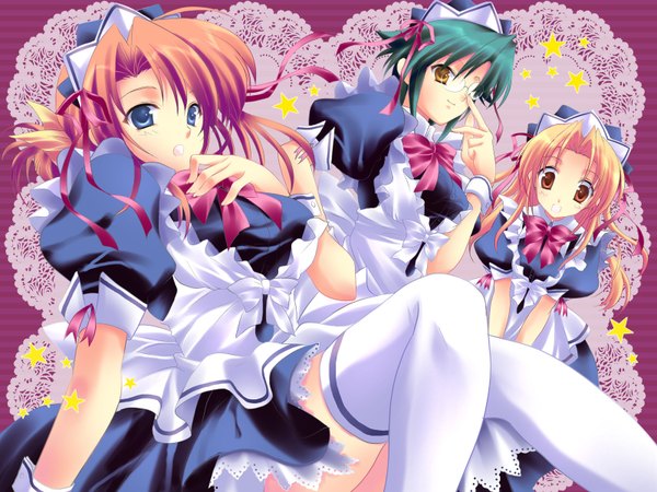 Anime picture 1600x1200 with suzuhira hiro long hair looking at viewer blush short hair open mouth blue eyes blonde hair multiple girls brown eyes yellow eyes red hair green hair light smile maid adjusting glasses girl thighhighs bow ribbon (ribbons)