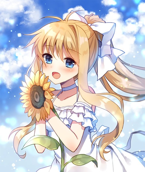 Anime picture 720x853 with air key (studio) kamio misuzu mauve single long hair tall image looking at viewer blush fringe open mouth blue eyes blonde hair smile hair between eyes holding cloud (clouds) upper body ahoge ponytail