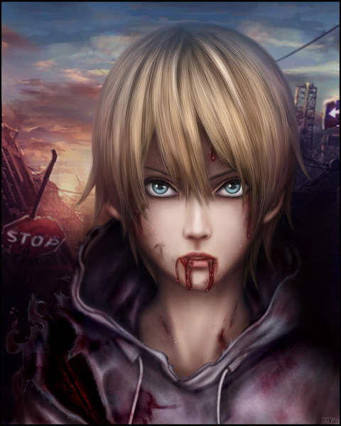 Anime picture 960x1200 with air gear toei animation mikura kazuma inira single tall image short hair blue eyes blonde hair sky cloud (clouds) lips realistic torn clothes ruins boy blood traffic sign