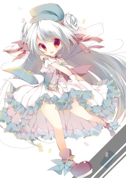 Anime picture 867x1227 with original umino mizu single tall image open mouth red eyes white background white hair loli girl dress gloves petals boots flat cap