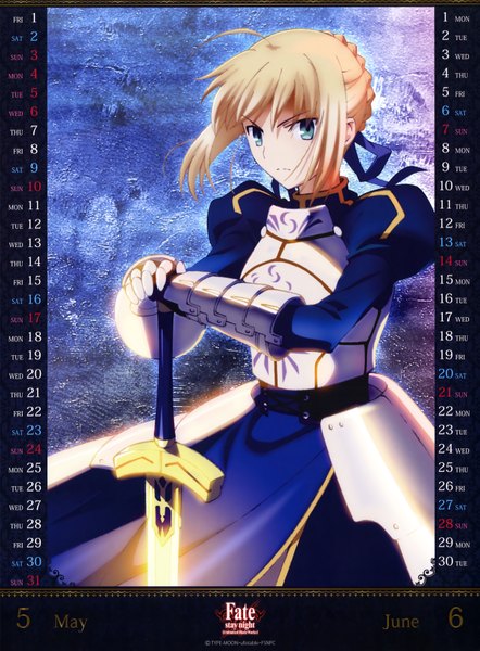 Anime picture 4967x6733 with fate (series) fate/stay night type-moon artoria pendragon (all) saber single tall image looking at viewer highres short hair blue eyes blonde hair absurdres scan official art calendar 2015 girl weapon sword armored dress