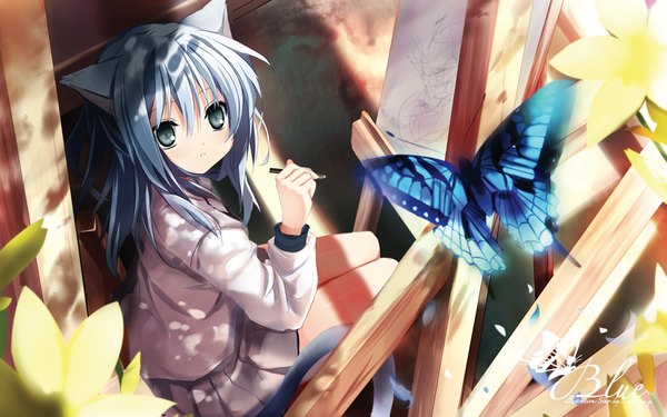 Anime picture 1920x1200 with original shino (eefy) long hair blush highres wide image animal ears blue hair tail cat girl girl skirt insect butterfly