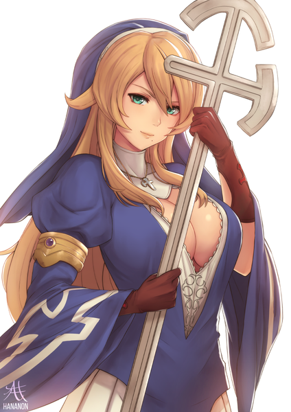 Anime picture 744x1052 with queen's blade rebellion siggy hananon single long hair tall image looking at viewer fringe breasts light erotic blonde hair simple background large breasts white background green eyes mole nun girl gloves