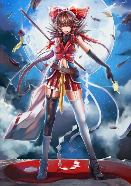 Anime picture 744x1053 with touhou hakurei reimu dantewontdie single long hair tall image smile red eyes brown hair cloud (clouds) pleated skirt night night sky mouth hold girl thighhighs skirt bow hair bow belt