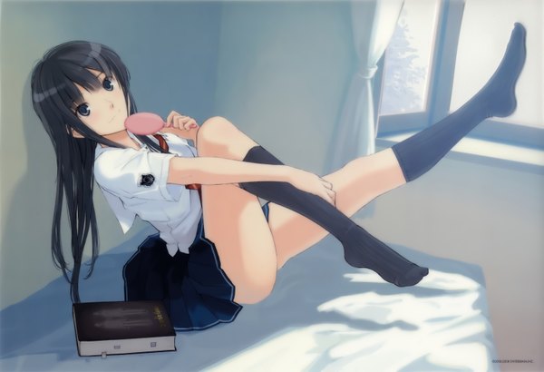 Anime picture 3070x2100 with kimi kiss futami eriko takayama kisai single long hair looking at viewer highres blue eyes black hair sitting absurdres girl skirt uniform school uniform miniskirt shirt socks window book (books)