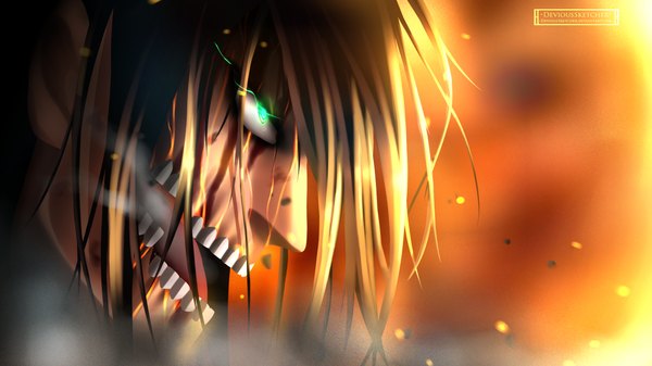Anime picture 2300x1294 with shingeki no kyojin production i.g eren yaeger rogue titan devioussketcher single highres short hair open mouth brown hair wide image green eyes profile sunlight coloring close-up face angry giant boy