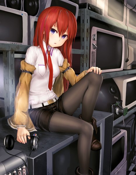 Anime picture 1558x2000 with steins;gate white fox makise kurisu aki99 single long hair tall image looking at viewer blush fringe blue eyes sitting holding red hair indoors parted lips sunlight revision hand on knee girl
