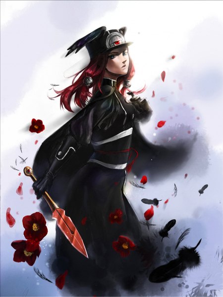 Anime picture 1536x2048 with blazblue tsubaki yayoi tagme (artist) single long hair tall image open mouth blue eyes red hair looking back girl gloves uniform hair ornament flower (flowers) petals wings hairclip feather (feathers) flat cap