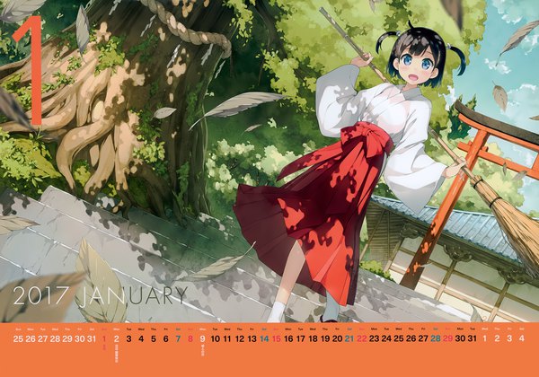Anime picture 7023x4925 with original kantoku single looking at viewer blush highres short hair open mouth blue eyes black hair twintails absurdres traditional clothes japanese clothes scan official art short twintails miko calendar 2017 girl