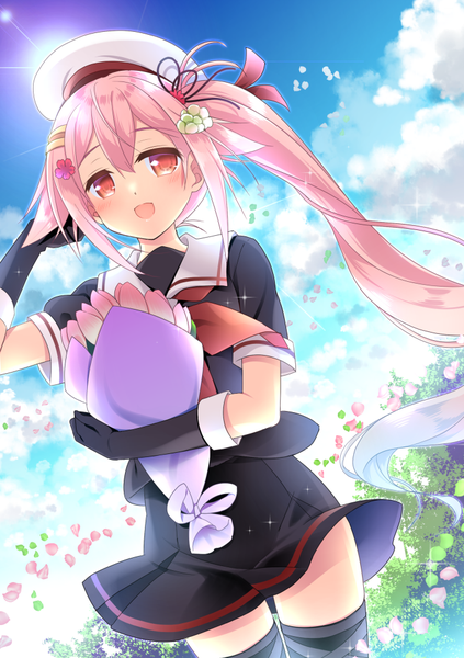 Anime picture 705x1000 with kantai collection harusame destroyer ringo sui single tall image blush fringe open mouth smile hair between eyes red eyes standing holding payot pink hair sky cloud (clouds) hair flower sparkle zettai ryouiki