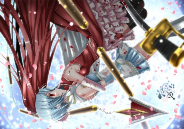 Anime picture 1579x1104 with mahou shoujo madoka magica shaft (studio) sakura kyouko miki sayaka swordsouls long hair short hair red eyes multiple girls blue hair red hair hug girl thighhighs gloves weapon 2 girls sword elbow gloves