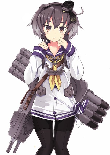 Anime picture 708x1000 with kantai collection tokitsukaze destroyer kuhotaka single tall image looking at viewer blush short hair open mouth black hair simple background white background brown eyes ahoge girl weapon hat pantyhose headdress gun