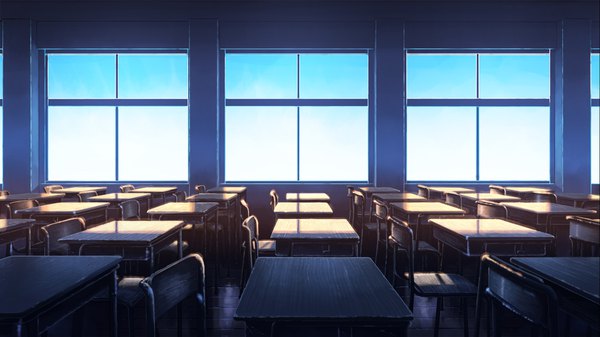Anime picture 1920x1080 with original aratascape highres wide image sky no people classroom window chair table desk
