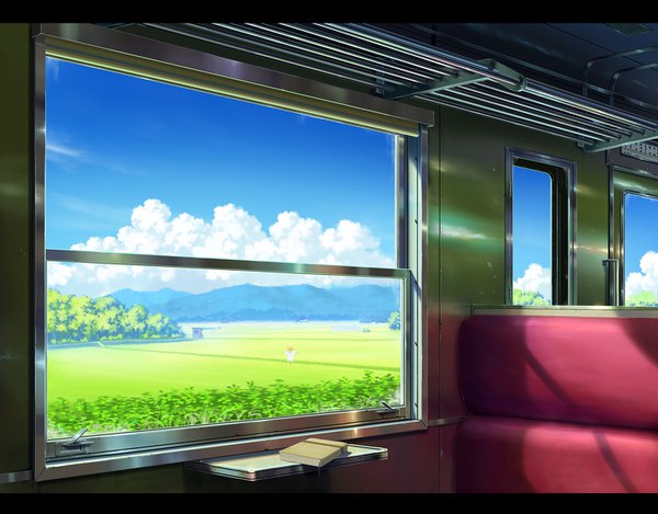 Anime picture 1500x1174 with original pei (sumurai) sky cloud (clouds) sunlight mountain no people train interior plant (plants) window book (books)