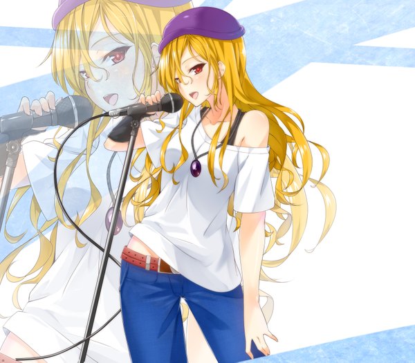 Anime picture 3507x3070 with uke (artist) single long hair looking at viewer blush highres open mouth blonde hair red eyes absurdres girl belt headdress pendant t-shirt jeans microphone stand blue jeans