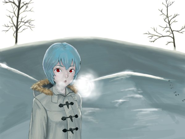 Anime picture 1200x900 with neon genesis evangelion gainax ayanami rei hac9 short hair red eyes blue hair winter snow exhalation cold plant (plants) tree (trees) coat toggles