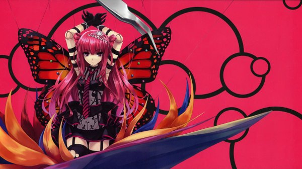 Anime picture 4863x2727 with original cradle - misaki kurehito & kuroya shinobu - re (artbook) cradle (artist) single long hair looking at viewer fringe highres wide image purple eyes pink hair absurdres arms behind head red background insect wings butterfly wings girl thighhighs gloves weapon