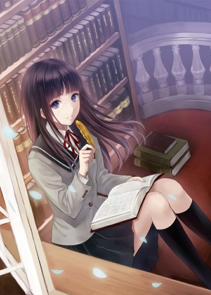 Anime picture 715x1000 with original fukahire (ruinon) single long hair tall image looking at viewer black hair sitting brown eyes girl skirt uniform school uniform petals socks book (books) black socks shelf bookshelf