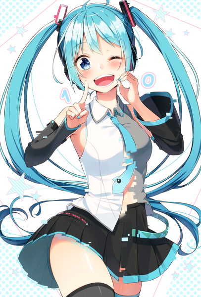 Anime picture 1130x1670 with vocaloid hatsune miku sakuragi ren single long hair tall image looking at viewer blush open mouth blue eyes twintails ahoge nail polish pleated skirt one eye closed wink aqua hair ;d blue nail polish girl