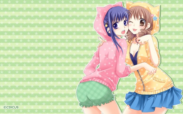 Anime picture 1920x1200 with circus (studio) highres blue eyes brown hair wide image multiple girls brown eyes animal ears blue hair one eye closed wink girl 2 girls miniskirt shorts hood