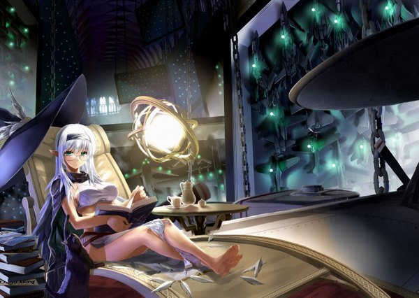 Anime picture 1406x1000 with original kiryuu takahisa single long hair looking at viewer blue eyes white hair lying barefoot bare legs girl glasses hairband book (books) witch hat