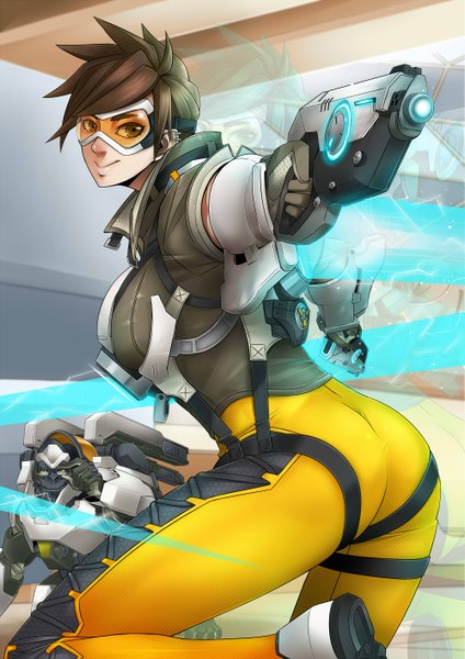 Anime picture 2000x2828 with overwatch blizzard entertainment tracer (overwatch) winston (overwatch) exaxuxer tall image highres short hair breasts light erotic black hair smile ass orange eyes girl weapon animal gun bodysuit goggles