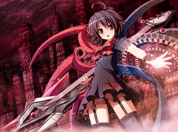 Anime picture 1033x769 with touhou houjuu nue akashio (loli ace) single short hair black hair red eyes ahoge city magic girl thighhighs bow black thighhighs wings building (buildings)