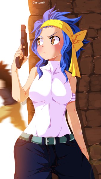 Anime picture 680x1200 with fairy tail gajeel redfox levy mcgarden tongasart long hair tall image black hair brown eyes blue hair looking away coloring covered navel girl boy weapon gun pants pistol bandana wall