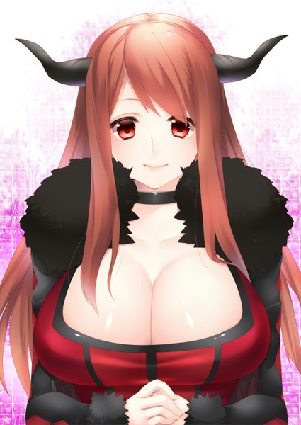 Anime picture 1074x1517 with maoyuu maou yuusha arms corporation maou (maoyuu) yutazou long hair tall image looking at viewer breasts light erotic red eyes large breasts red hair horn (horns) girl dress
