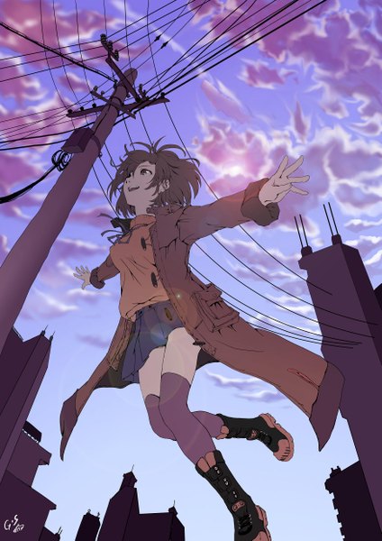 Anime picture 1754x2481 with original as109 single tall image highres short hair open mouth smile brown hair brown eyes sky cloud (clouds) open clothes girl thighhighs skirt knee boots coat sun wire (wires)