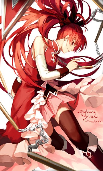 Anime picture 600x1000 with mahou shoujo madoka magica shaft (studio) sakura kyouko untitiled single long hair tall image looking at viewer fringe smile bare shoulders ponytail red hair girl thighhighs dress weapon black thighhighs detached sleeves boots
