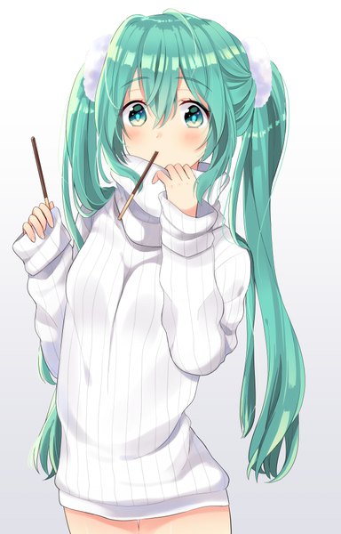 Anime picture 640x1000 with vocaloid hatsune miku natsuo single long hair tall image looking at viewer blush fringe simple background hair between eyes twintails holding ahoge aqua eyes aqua hair grey background gradient background sleeves past wrists eating