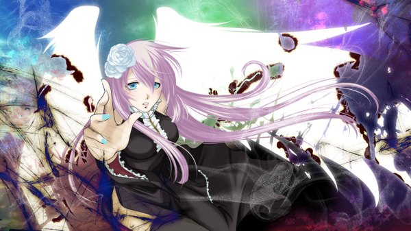 Anime picture 1280x720 with vocaloid megurine luka long hair blue eyes wide image pink hair hair flower outstretched arm girl hair ornament wings