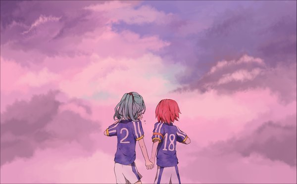 Anime picture 3700x2300 with inazuma eleven koko (artist) highres wide image absurdres sky cloud (clouds) ponytail red hair from behind aqua hair holding hands shounen ai boy uniform