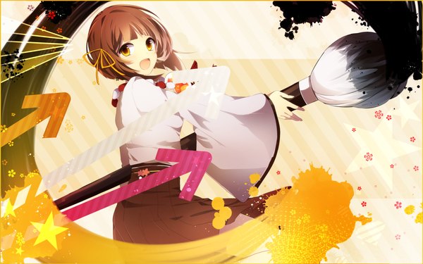 Anime picture 1440x900 with vocaloid houkago stride (vocaloid) yasaka himi nanase09rr single looking at viewer short hair open mouth smile brown hair brown eyes long sleeves traditional clothes japanese clothes pleated skirt wide sleeves calligraphy girl skirt flower (flowers)