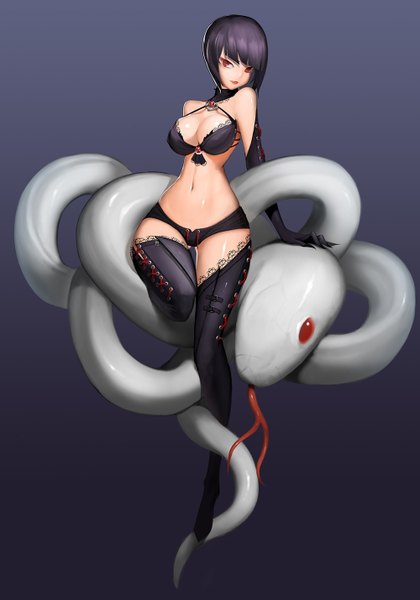Anime picture 1000x1429 with original naco single tall image looking at viewer short hair breasts light erotic black hair red eyes dark background girl gloves navel animal elbow gloves shorts short shorts snake