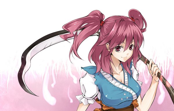 Anime picture 800x512 with touhou onozuka komachi miya9 single looking at viewer fringe short hair simple background smile pink hair pink eyes two side up girl hair ornament weapon hair tie hair bobbles scythe