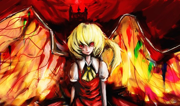 Anime picture 2000x1181 with touhou flandre scarlet kami amane kurohime single looking at viewer fringe highres short hair blonde hair hair between eyes red eyes wide image sky upper body puffy sleeves one side up red sky no hat girl wings