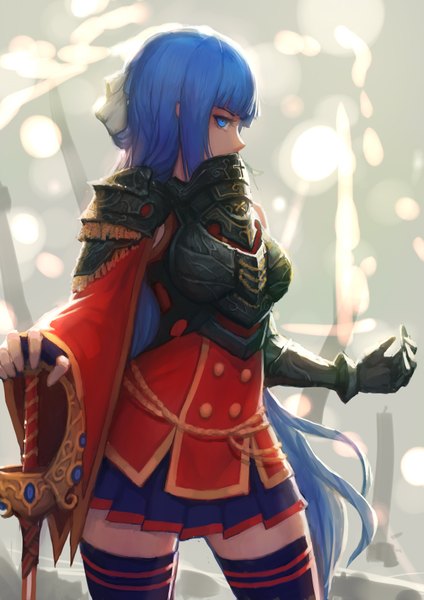 Anime picture 2480x3508 with original pixiv fantasia pixiv fantasia t gods single long hair tall image fringe highres blue eyes standing holding pleated skirt zettai ryouiki outstretched arm girl skirt weapon sword armor
