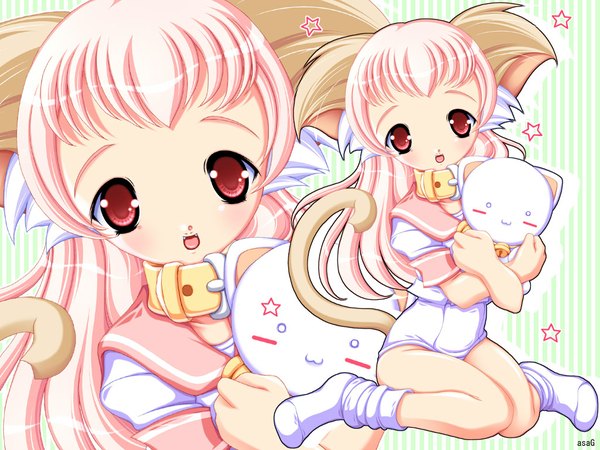 Anime picture 1024x768 with tagme (copyright) tagme (artist) single long hair looking at viewer blush open mouth red eyes sitting animal ears pink hair tail animal tail short sleeves cat tail no shoes wariza zoom layer sailor collar girl