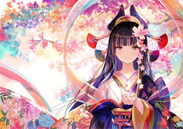 Anime picture 1378x970 with original fuzichoco single long hair looking at viewer fringe black hair brown eyes upper body blunt bangs traditional clothes japanese clothes arm up hair flower wind wide sleeves cherry blossoms floral print revision glow